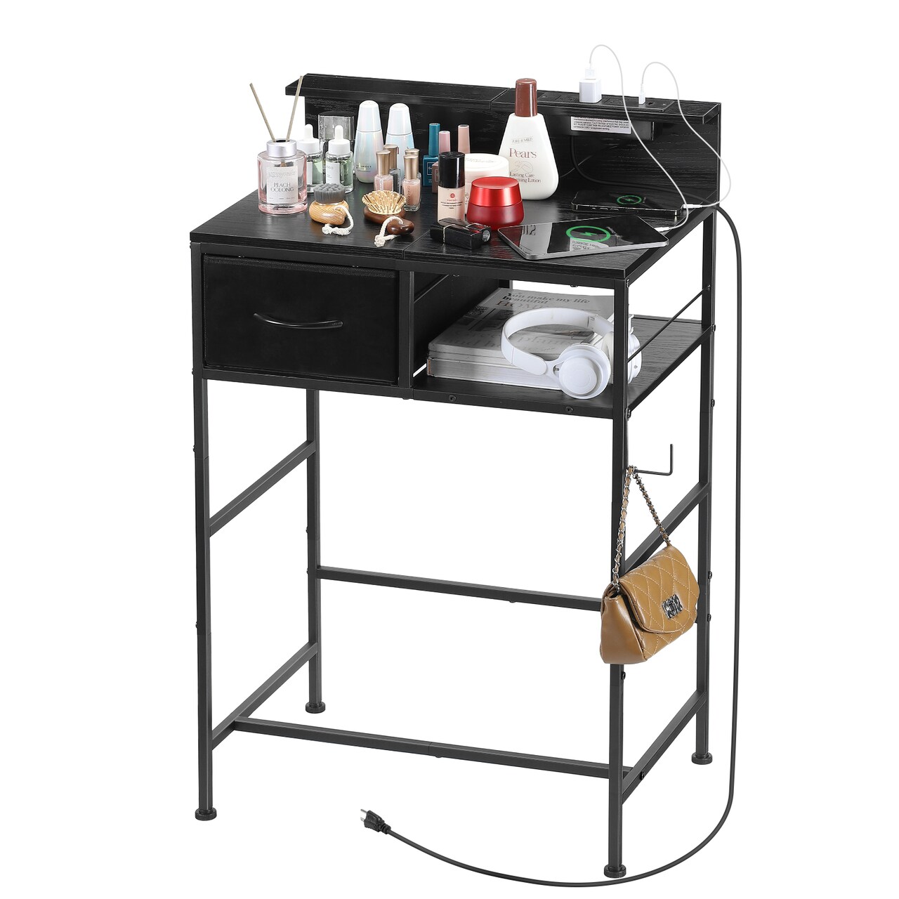 Black Vanity Desk with Charging Station, Makeup Table with Drawer, Open Shelf, and Hair Dryer Hook